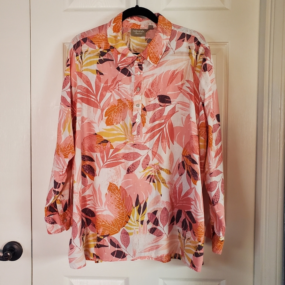 Naturals Linen Blend Floral Tunic Blouse Long Sleeve Henley Buttons Size 1X
